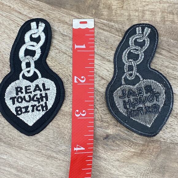 RTB Real Tough Babe Chain Heart Patches Biker Babe Coat Iron On Bling BLACK - Picture 2 of 5